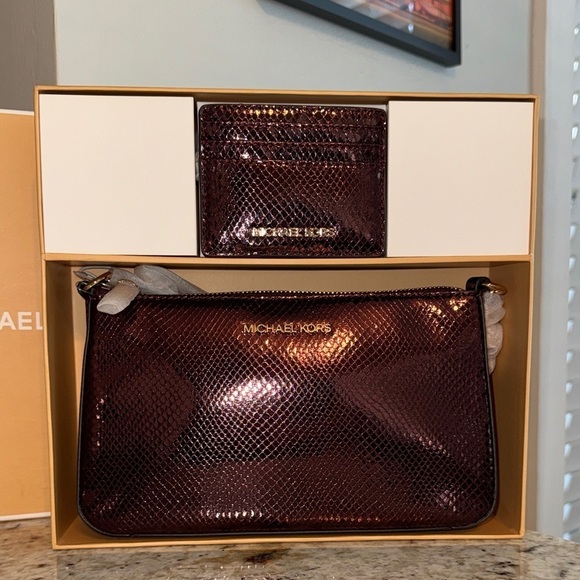 Michael Kors Handbags - Michael Kors Metallic Clutch & Card Holder Oxblood Rouge Sombre Boxed Gift Set